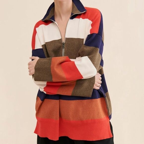 Women's NEW Lapel Sweaters Long Sleeve V Neck Striped Print/Contrast Color Knit - Picture 5 of 6